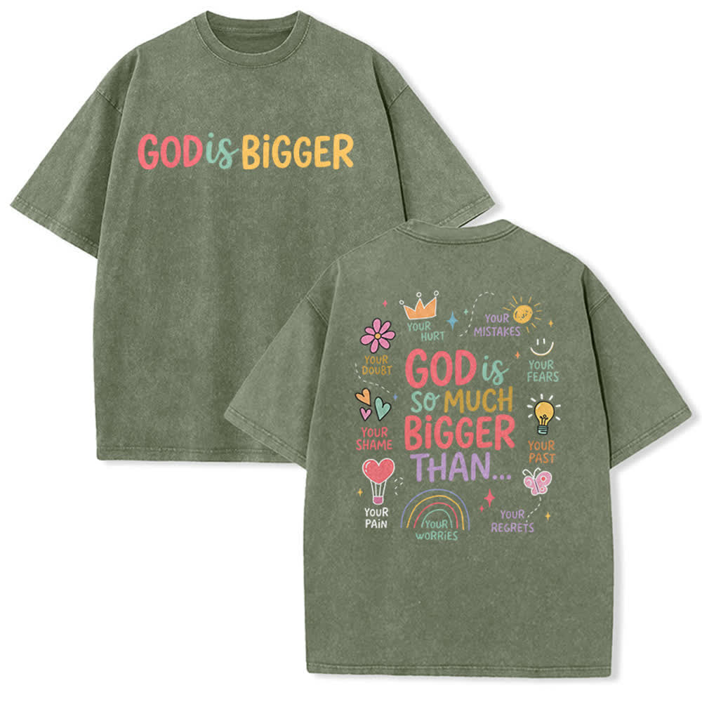 Christianartworkshop Gott ist so viel größer als mehrfarbiges Doodle-Doppeldruck-Vintage-Washed-T-Shirt - Armeegrün - 5XL - image 0