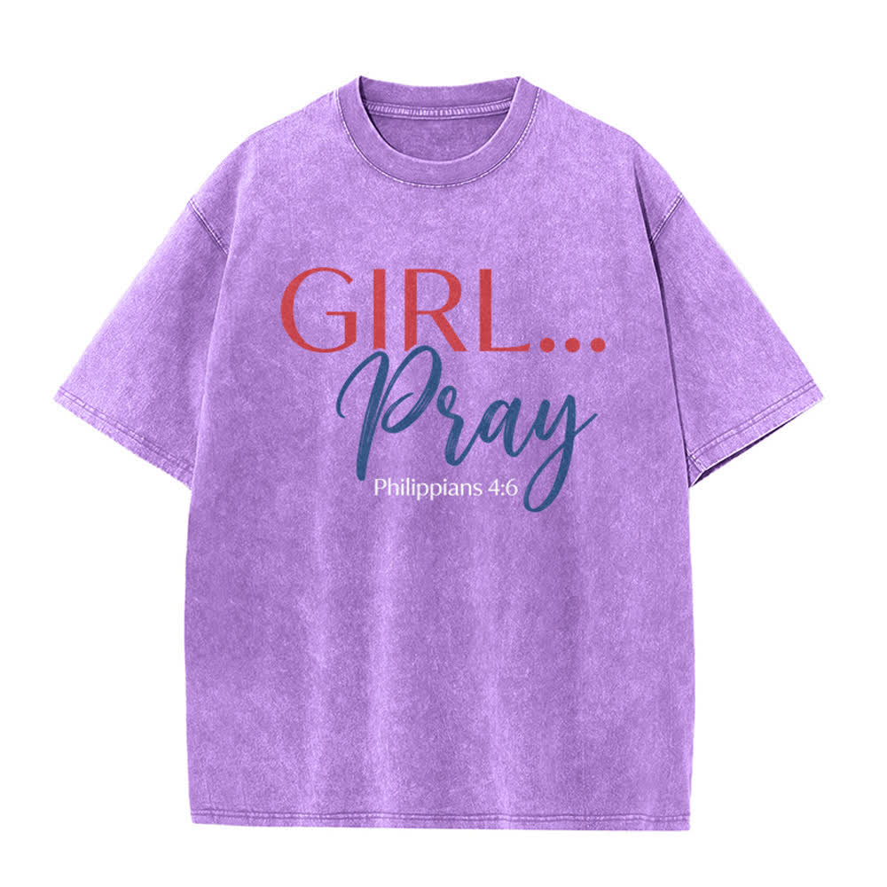 Christianartworkshop Mädchen betet Philipper 4:6 Mix Schriftart Vintage Front Print Casual Washed T-Shirt - Lila - 5XL - image 1