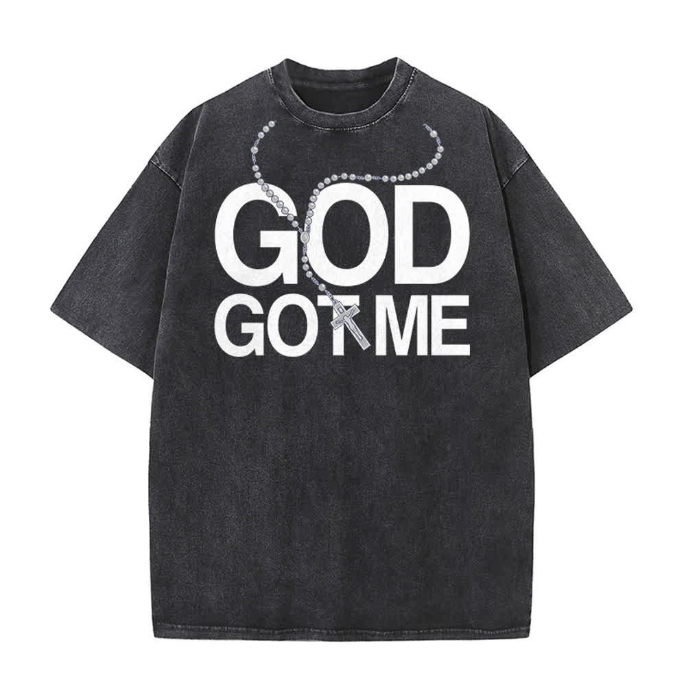 Christianartworkshop Gott hat mich – Rosenkranzkreuz mit fettgedruckten Buchstaben, Vintage-Frontdruck, gewaschenes T-Shirt - Schwarz - 5XL - image 0