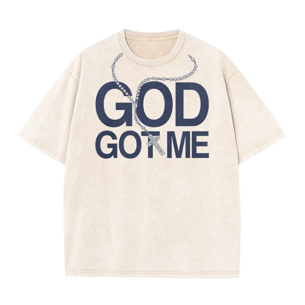 Christianartworkshop Gott hat mich – Rosenkranzkreuz mit fettgedruckten Buchstaben, Vintage-Frontdruck, gewaschenes T-Shirt - Beige - 5XL - image 1