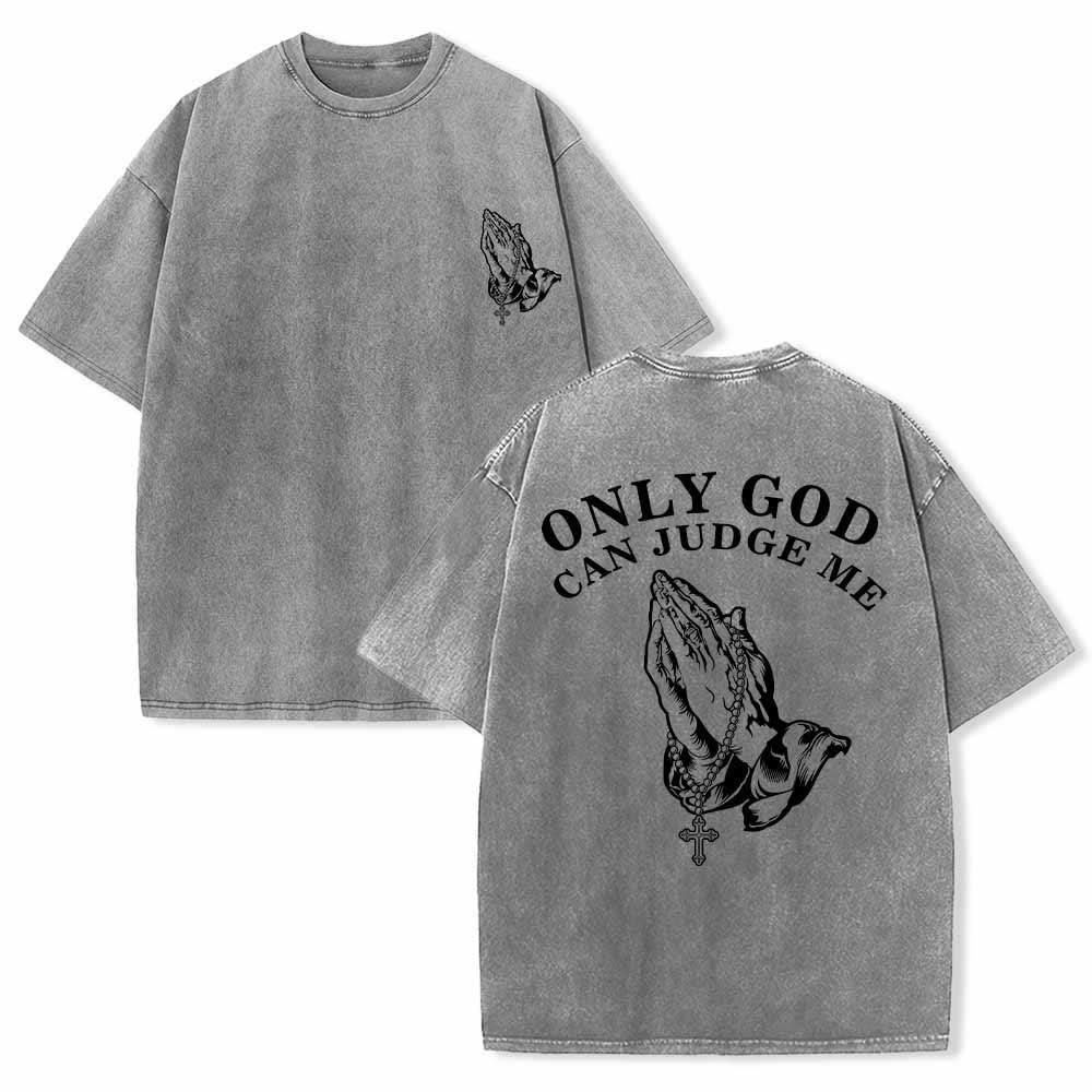 Christianartworkshop Nur Gott kann mich richten – Betende Hände, Rosenkranz, Kreuz, Doppeldruck, Vintage-Look, T-Shirt - Grau - 5XL - image 0