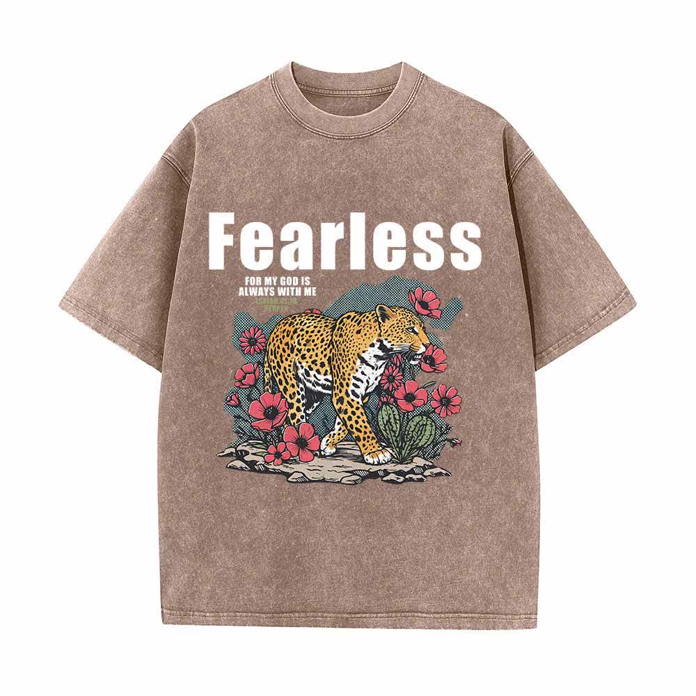 Christianartworkshop Furchtloses Leoparden-Blumenmuster Jesaja 41,10 Vintage-Frontdruck-Grafik-T-Shirt - Braun - 5XL - image 0