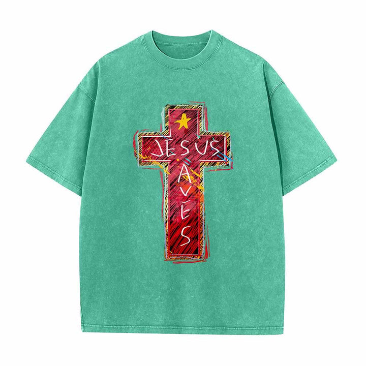 Christianartworkshop Großformatiges, gewaschenes T-Shirt mit leuchtend rotem Skizzenkreuz, Aufschrift „Jesus rettet“, Buchstabenstern-Akzenten - Grün - 5XL - image 3