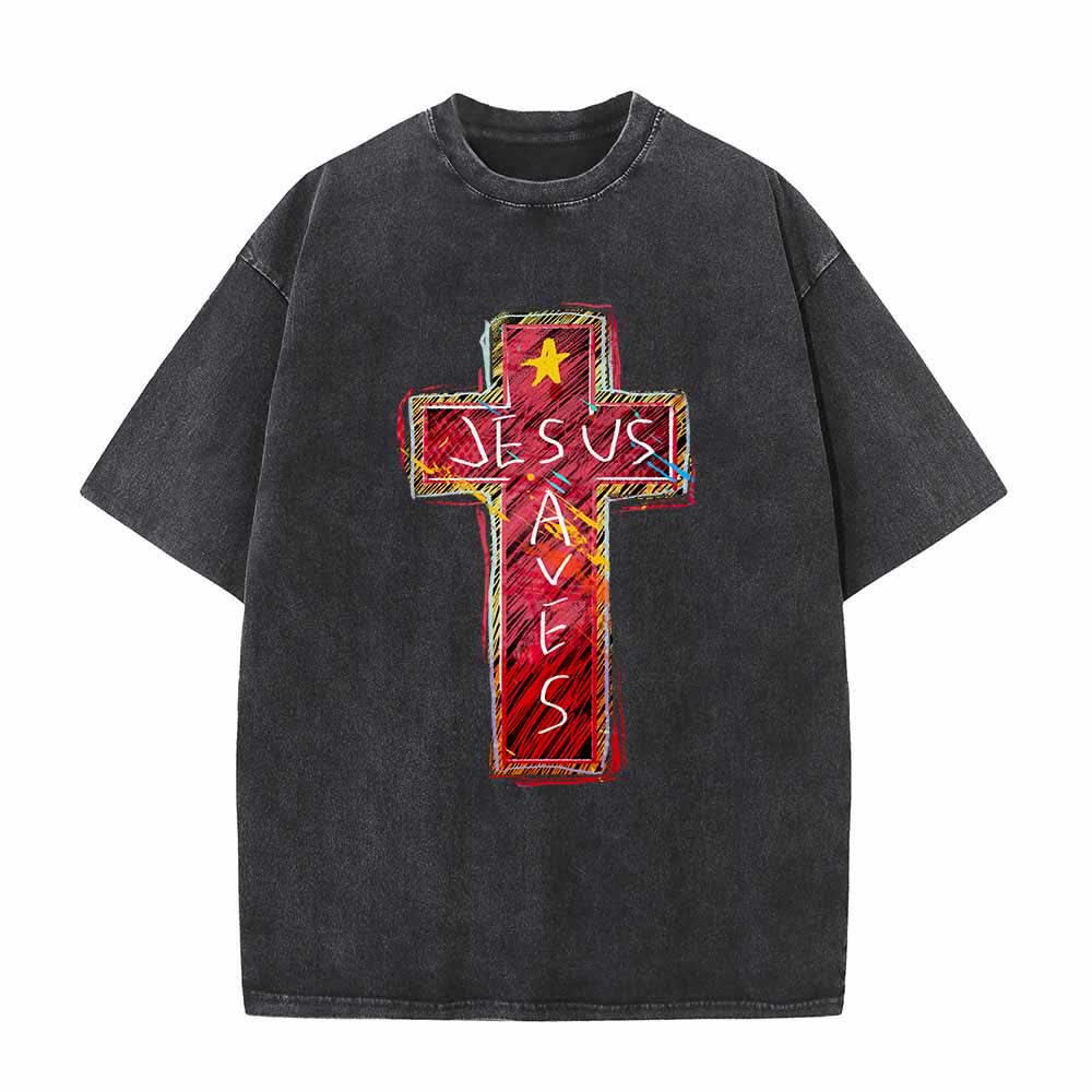 Christianartworkshop Großformatiges, gewaschenes T-Shirt mit leuchtend rotem Skizzenkreuz, Aufschrift „Jesus rettet“, Buchstabenstern-Akzenten - Schwarz - 5XL - image 4