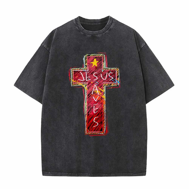 Christianartworkshop Großformatiges, gewaschenes T-Shirt mit leuchtend rotem Skizzenkreuz, Aufschrift „Jesus rettet“, Buchstabenstern-Akzenten - Schwarz - 5XL - image 4