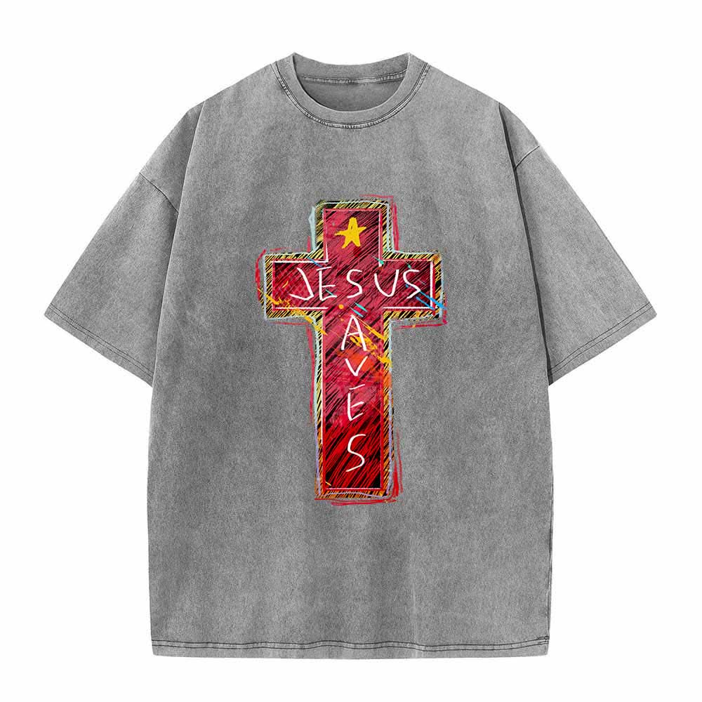 Christianartworkshop Großformatiges, gewaschenes T-Shirt mit leuchtend rotem Skizzenkreuz, Aufschrift „Jesus rettet“, Buchstabenstern-Akzenten - Grau - 5XL - image 2