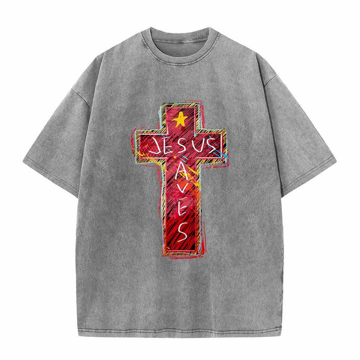 Christianartworkshop Großformatiges, gewaschenes T-Shirt mit leuchtend rotem Skizzenkreuz, Aufschrift „Jesus rettet“, Buchstabenstern-Akzenten - Grau - 5XL - image 2