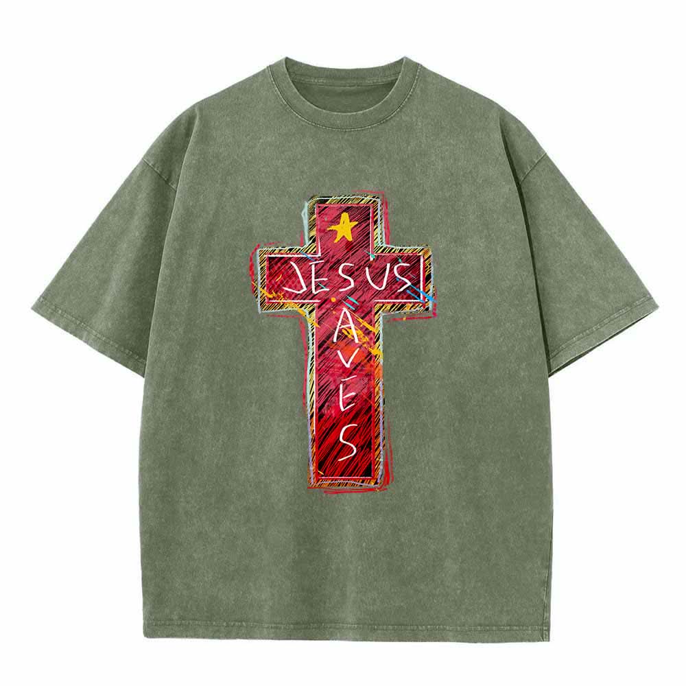 Christianartworkshop Großformatiges, gewaschenes T-Shirt mit leuchtend rotem Skizzenkreuz, Aufschrift „Jesus rettet“, Buchstabenstern-Akzenten - Armeegrün - 5XL - image 8
