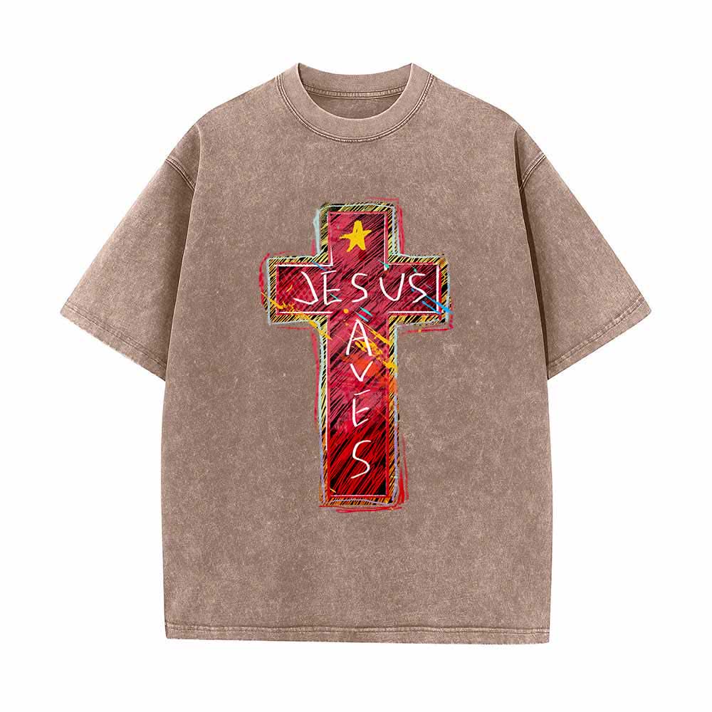 Christianartworkshop Großformatiges, gewaschenes T-Shirt mit leuchtend rotem Skizzenkreuz, Aufschrift „Jesus rettet“, Buchstabenstern-Akzenten - Braun - 5XL - image 1