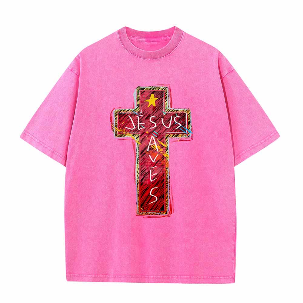 Christianartworkshop Großformatiges, gewaschenes T-Shirt mit leuchtend rotem Skizzenkreuz, Aufschrift „Jesus rettet“, Buchstabenstern-Akzenten - Rosa - 5XL - image 7