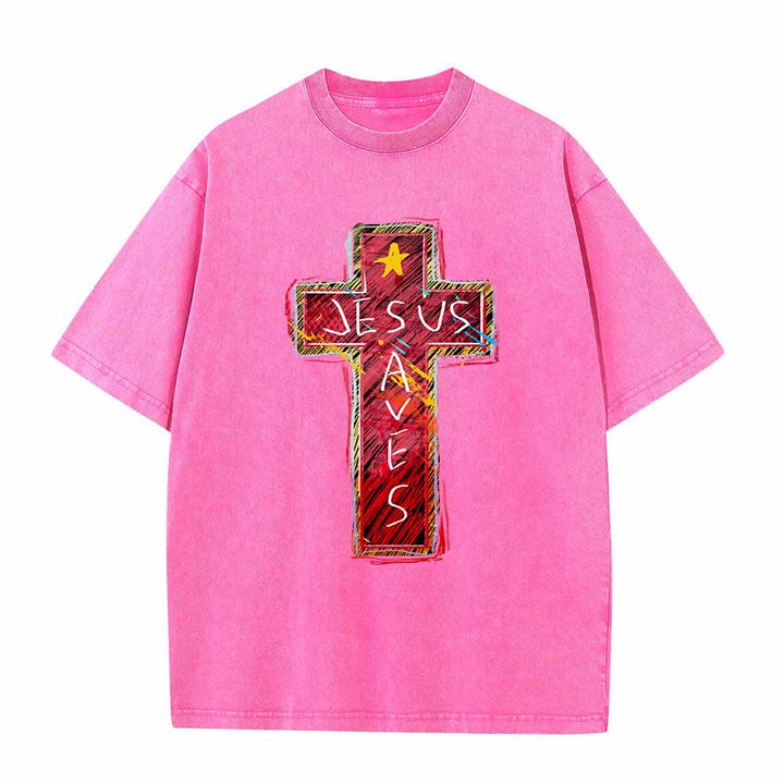 Christianartworkshop Großformatiges, gewaschenes T-Shirt mit leuchtend rotem Skizzenkreuz, Aufschrift „Jesus rettet“, Buchstabenstern-Akzenten - Rosa - 5XL - image 7