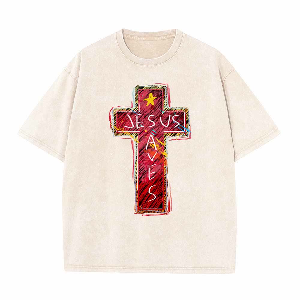 Christianartworkshop Großformatiges, gewaschenes T-Shirt mit leuchtend rotem Skizzenkreuz, Aufschrift „Jesus rettet“, Buchstabenstern-Akzenten - Beige - 5XL - image 5