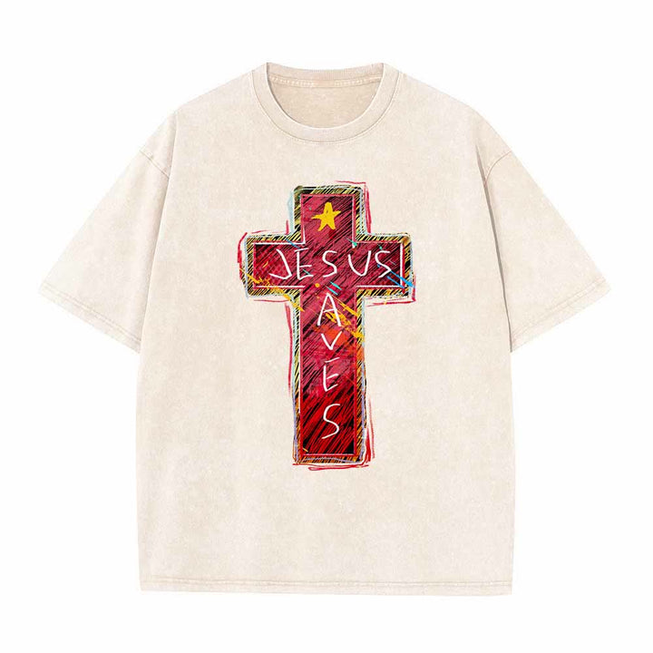 Christianartworkshop Großformatiges, gewaschenes T-Shirt mit leuchtend rotem Skizzenkreuz, Aufschrift „Jesus rettet“, Buchstabenstern-Akzenten - Beige - 5XL - image 5