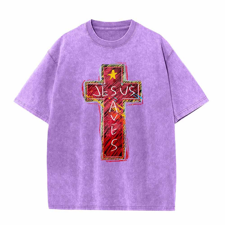 Christianartworkshop Großformatiges, gewaschenes T-Shirt mit leuchtend rotem Skizzenkreuz, Aufschrift „Jesus rettet“, Buchstabenstern-Akzenten - Lila - 5XL - image 6