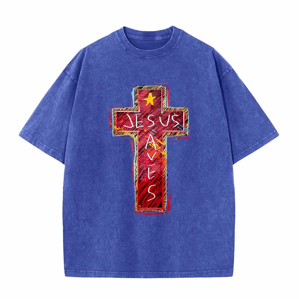 Christianartworkshop Großformatiges, gewaschenes T-Shirt mit leuchtend rotem Skizzenkreuz, Aufschrift „Jesus rettet“, Buchstabenstern-Akzenten - Blau - 5XL - image 0