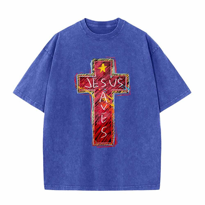 Christianartworkshop Großformatiges, gewaschenes T-Shirt mit leuchtend rotem Skizzenkreuz, Aufschrift „Jesus rettet“, Buchstabenstern-Akzenten - Blau - 5XL - image 0