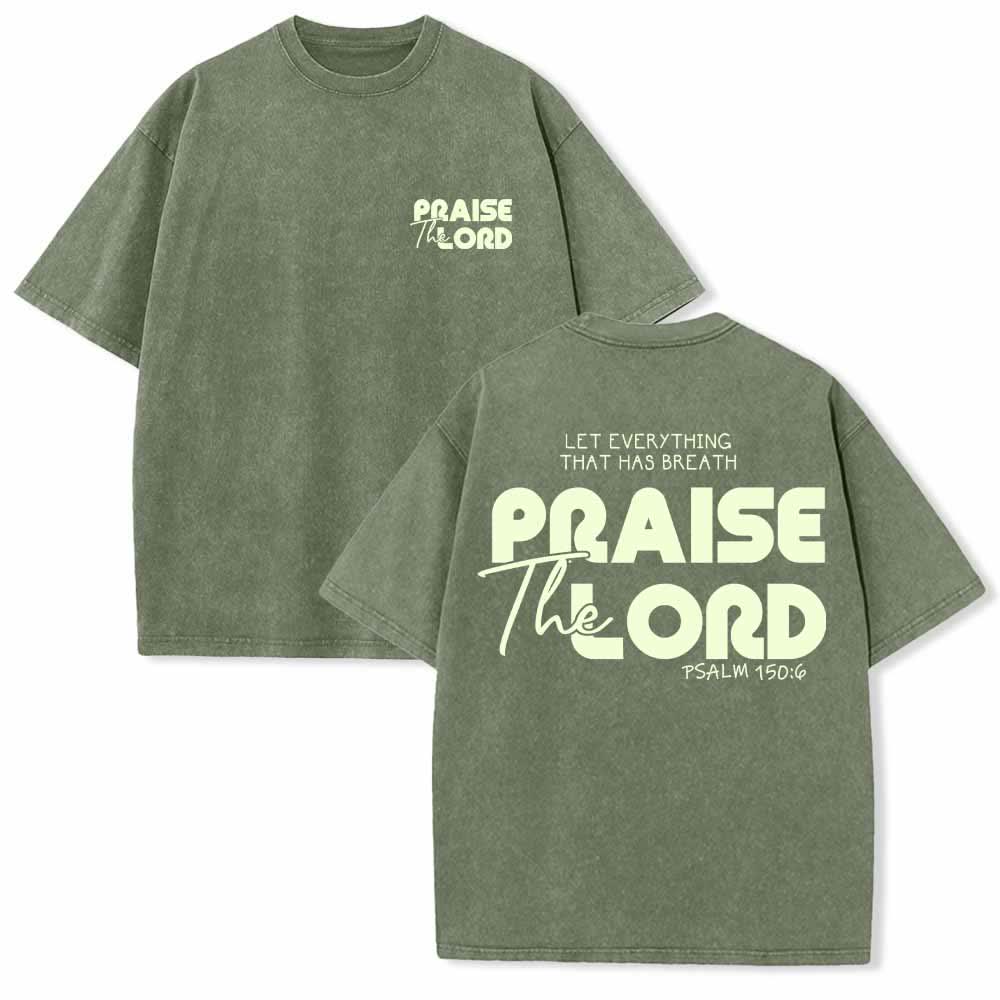 Christianartworkshop Lobet den Herrn, Psalm 150,6. Mini-Print auf der Vorderseite, großer Text auf der Rückseite, beidseitig bedrucktes, gewaschenes T-Shirt. - Armeegrün - 5XL - image 3