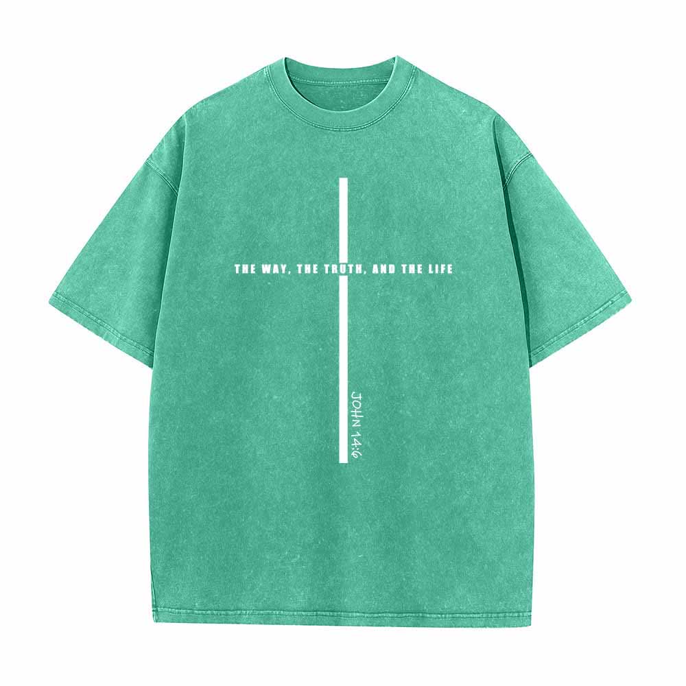 Christianartworkshop Minimal Thin Line Cross The Way The Truth And The Life John 14:6 Front Print Washed T-Shirt - Grün - 5XL - image 6