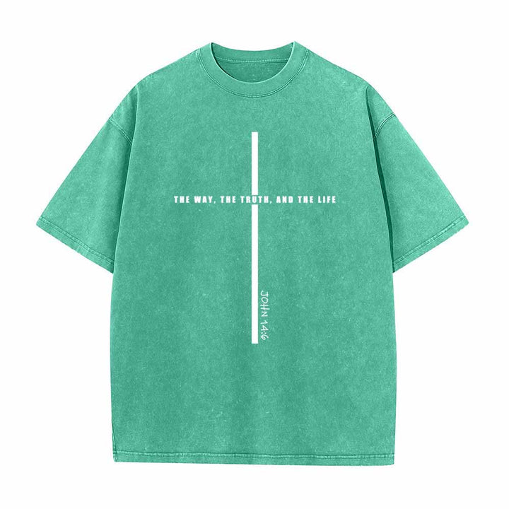 Christianartworkshop Minimal Thin Line Cross The Way The Truth And The Life John 14:6 Front Print Washed T-Shirt - Grün - 5XL - image 6