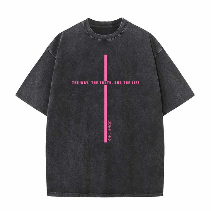 Christianartworkshop Minimal Thin Line Cross The Way The Truth And The Life John 14:6 Front Print Washed T-Shirt - Schwarz - 5XL - image 7