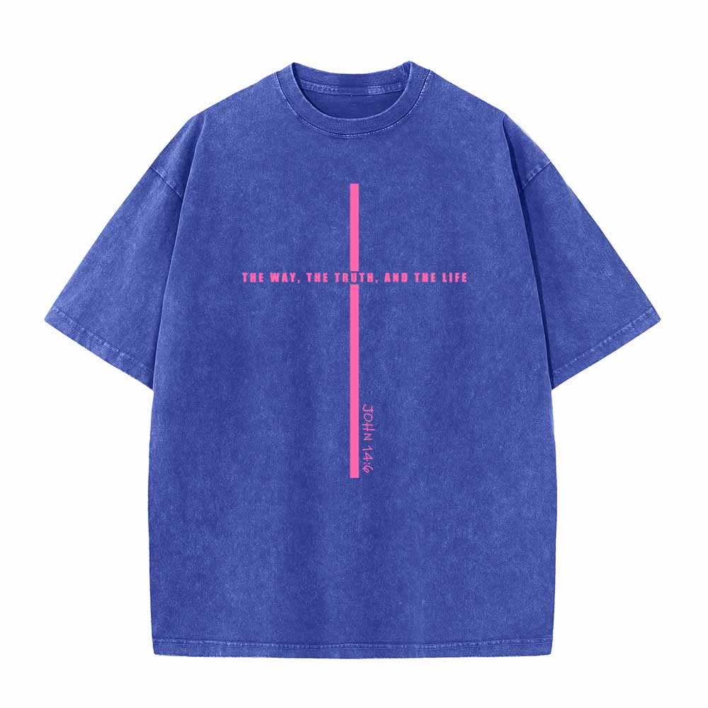 Christianartworkshop Minimal Thin Line Cross The Way The Truth And The Life John 14:6 Front Print Washed T-Shirt - Blau - 5XL - image 3