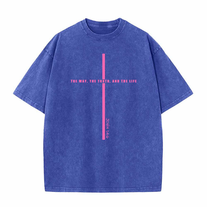 Christianartworkshop Minimal Thin Line Cross The Way The Truth And The Life John 14:6 Front Print Washed T-Shirt - Blau - 5XL - image 3