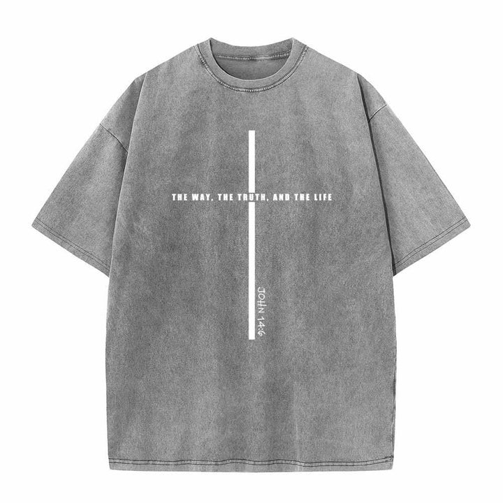 Christianartworkshop Minimal Thin Line Cross The Way The Truth And The Life John 14:6 Front Print Washed T-Shirt - Grau - 5XL - image 5