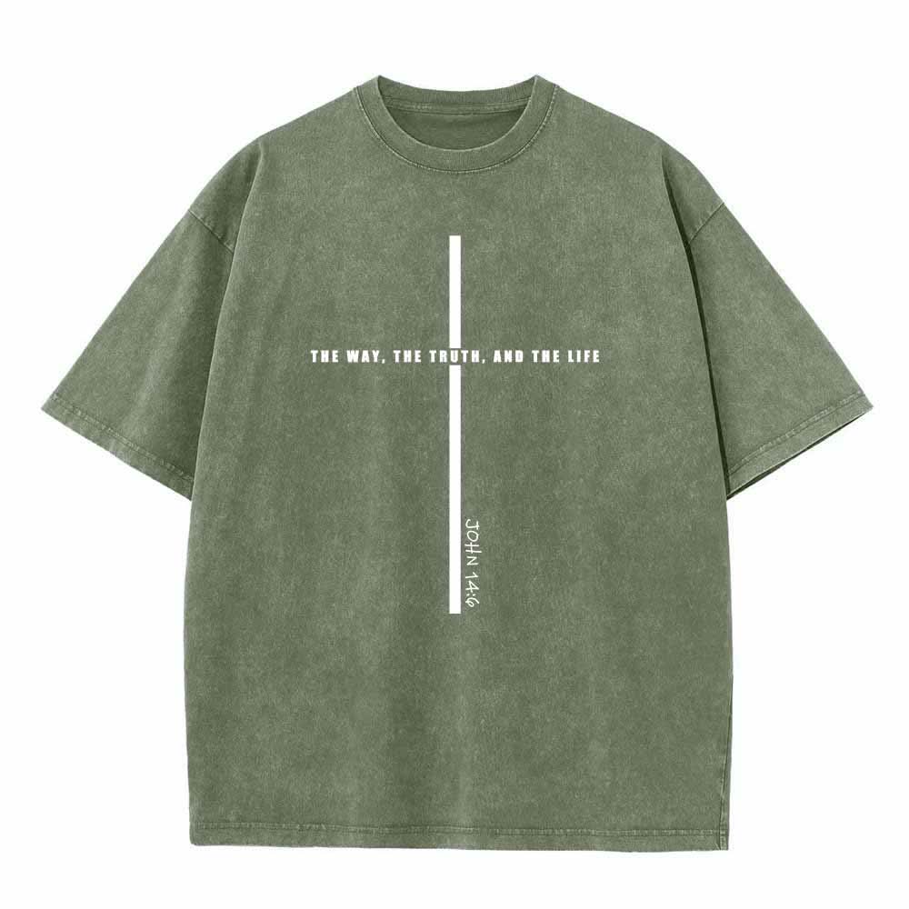 Christianartworkshop Minimal Thin Line Cross The Way The Truth And The Life John 14:6 Front Print Washed T-Shirt - Armeegrün - 5XL - image 2