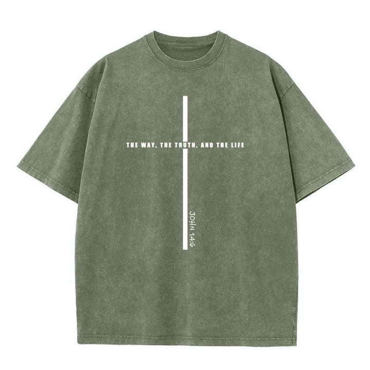 Christianartworkshop Minimal Thin Line Cross The Way The Truth And The Life John 14:6 Front Print Washed T-Shirt - Armeegrün - 5XL - image 2