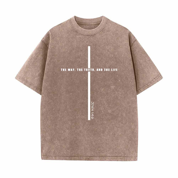 Christianartworkshop Minimal Thin Line Cross The Way The Truth And The Life John 14:6 Front Print Washed T-Shirt - Braun - 5XL - image 4