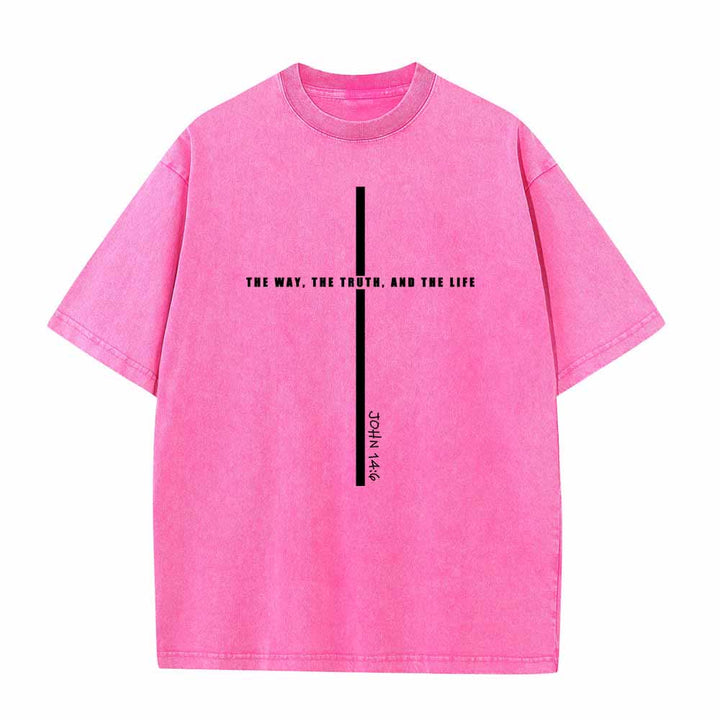 Christianartworkshop Minimal Thin Line Cross The Way The Truth And The Life John 14:6 Front Print Washed T-Shirt - Rosa - 5XL - image 1