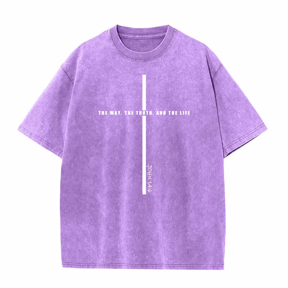 Christianartworkshop Minimal Thin Line Cross The Way The Truth And The Life John 14:6 Front Print Washed T-Shirt - Lila - 5XL - image 0