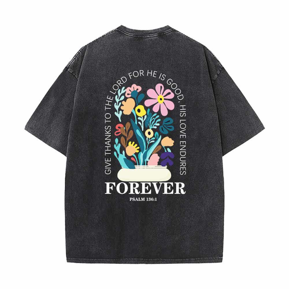 Christianartworkshop Dank sei dem Herrn (Psalm 136,1) Kleines, blumengemustertes T-Shirt mit Rückenvase und doppelseitigem Aufdruck - image 1