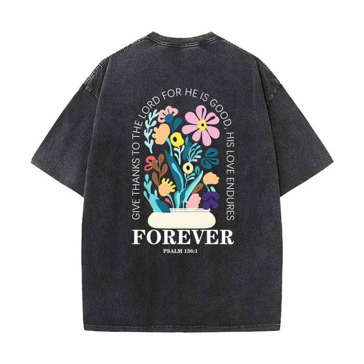 Christianartworkshop Dank sei dem Herrn (Psalm 136,1) Kleines, blumengemustertes T-Shirt mit Rückenvase und doppelseitigem Aufdruck - image 1