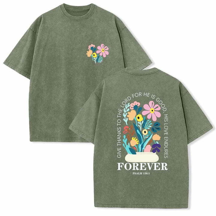 Christianartworkshop Dank sei dem Herrn (Psalm 136,1) Kleines, blumengemustertes T-Shirt mit Rückenvase und doppelseitigem Aufdruck - Armeegrün - 5XL - image 12