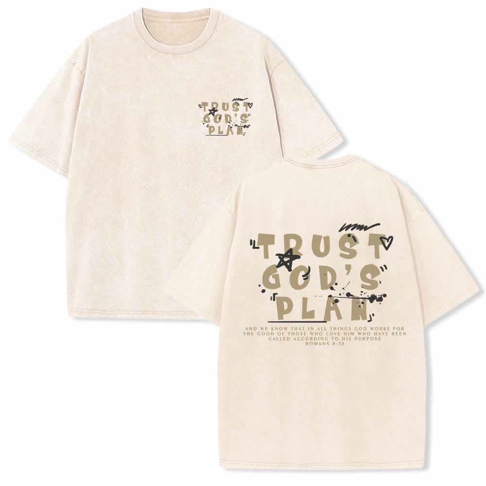 Christianartworkshop Vertraue auf Gottes Plan – Graffiti-Schriftart, Mini-Druck auf der Vorderseite, großer Text auf der Rückseite, Römer 8,28, doppelseitig bedrucktes, gewaschenes T-Shirt - Beige - 5XL - image 6