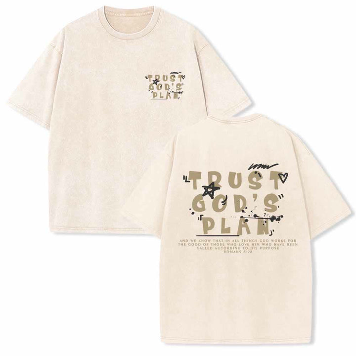 Christianartworkshop Vertraue auf Gottes Plan – Graffiti-Schriftart, Mini-Druck auf der Vorderseite, großer Text auf der Rückseite, Römer 8,28, doppelseitig bedrucktes, gewaschenes T-Shirt - Beige - 5XL - image 6