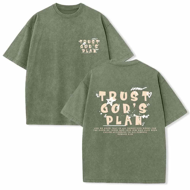 Christianartworkshop Vertraue auf Gottes Plan – Graffiti-Schriftart, Mini-Druck auf der Vorderseite, großer Text auf der Rückseite, Römer 8,28, doppelseitig bedrucktes, gewaschenes T-Shirt - Armeegrün - 5XL - image 15