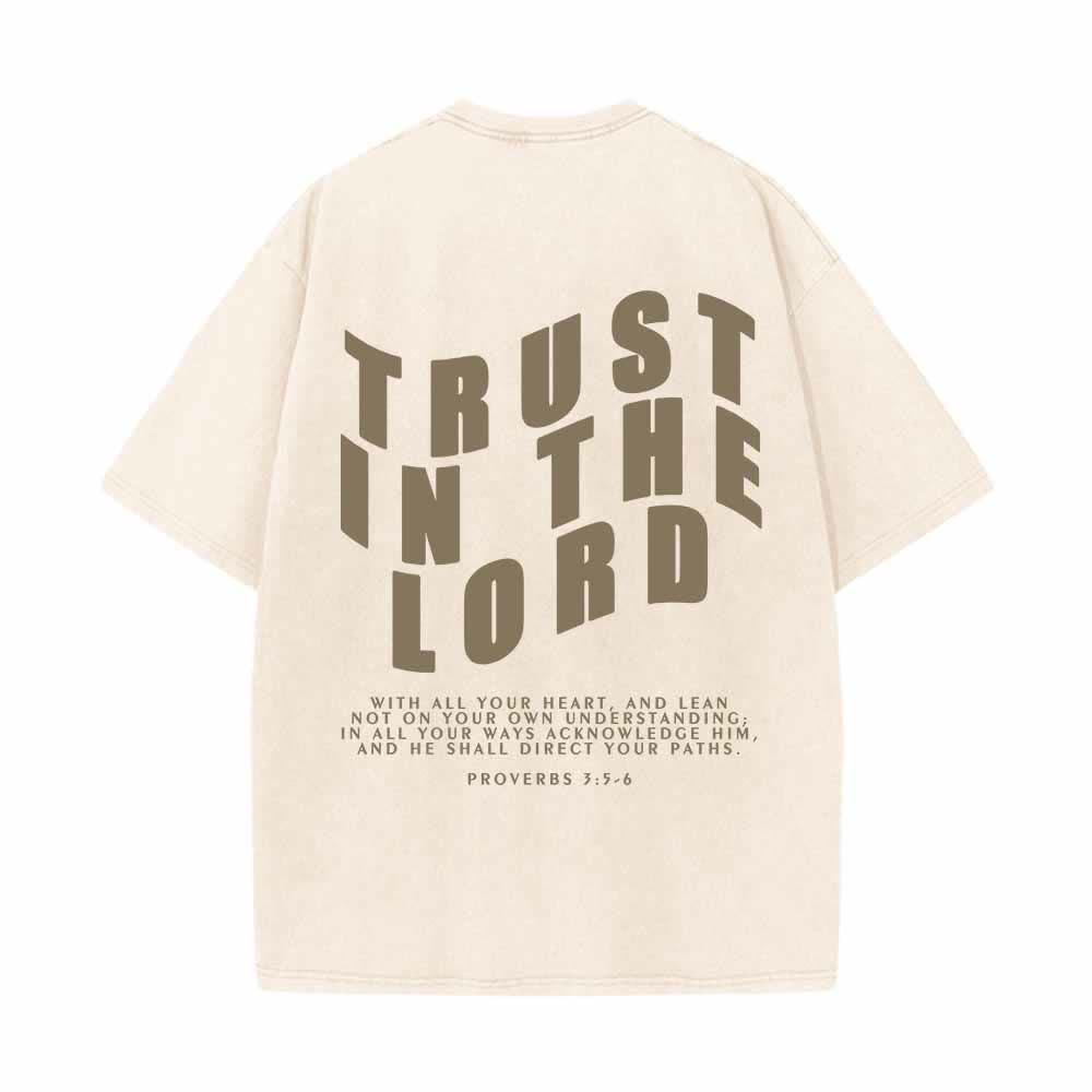 Christianartworkshop Vertraue auf den Herrn! Gerade Vorderseite, gewölbte Rückseite. Sprüche 3,5-6. Beidseitig gewaschenes T-Shirt. - image 10