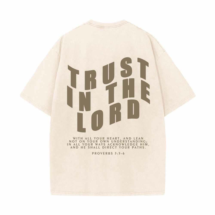 Christianartworkshop Vertraue auf den Herrn! Gerade Vorderseite, gewölbte Rückseite. Sprüche 3,5-6. Beidseitig gewaschenes T-Shirt. - image 10