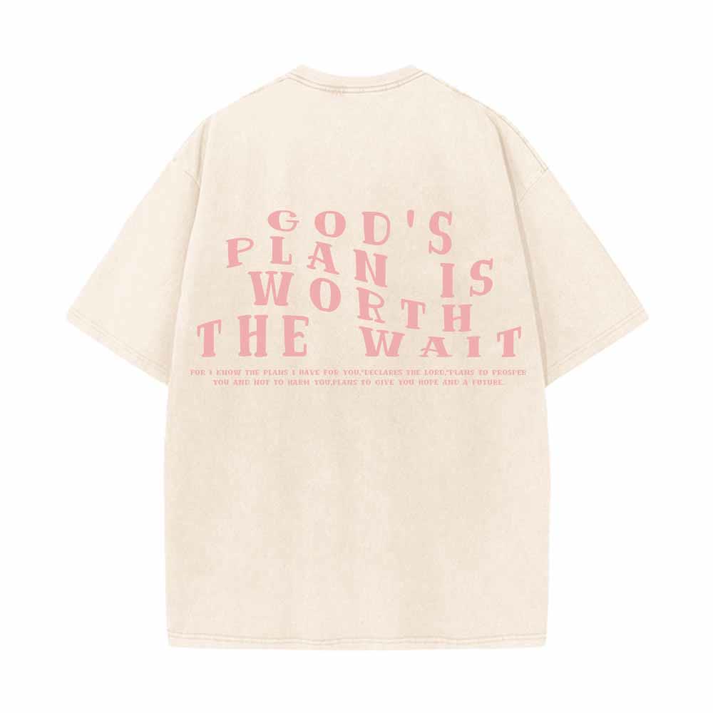 Christianartworkshop Gottes Plan ist das Warten wert – Vorderseite: Mini-Stapeltext; Rückseite: Bogen, große Schriftart; beidseitig gewaschenes T-Shirt - image 13