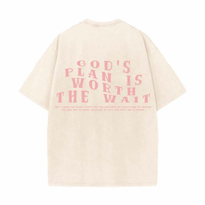 Christianartworkshop Gottes Plan ist das Warten wert – Vorderseite: Mini-Stapeltext; Rückseite: Bogen, große Schriftart; beidseitig gewaschenes T-Shirt - image 13