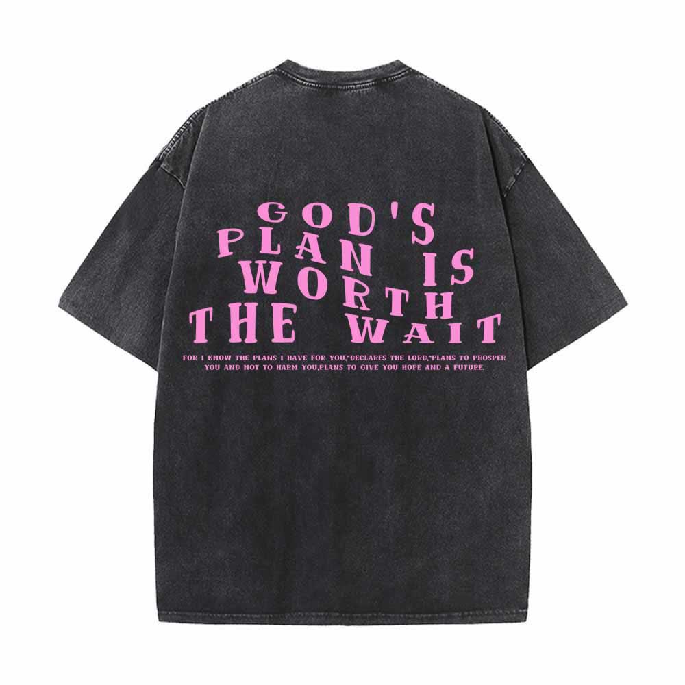 Christianartworkshop Gottes Plan ist das Warten wert – Vorderseite: Mini-Stapeltext; Rückseite: Bogen, große Schriftart; beidseitig gewaschenes T-Shirt - image 10