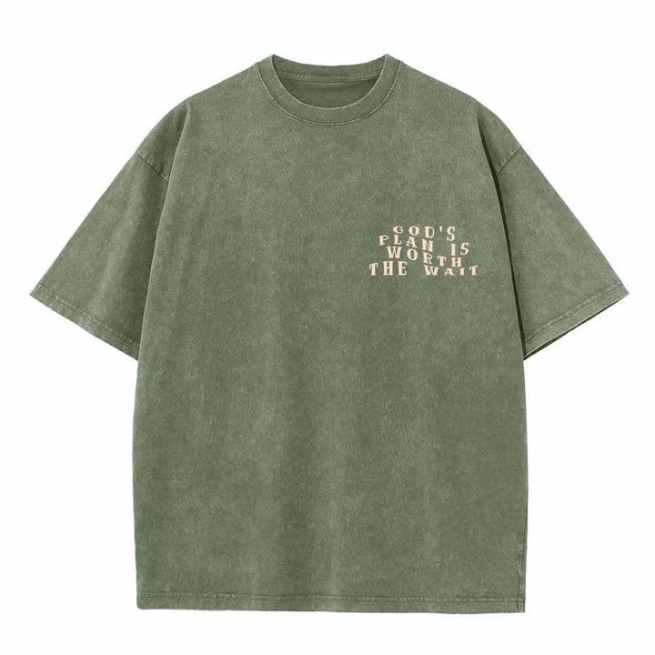 Christianartworkshop Gottes Plan ist das Warten wert – Vorderseite: Mini-Stapeltext; Rückseite: Bogen, große Schriftart; beidseitig gewaschenes T-Shirt - image 23