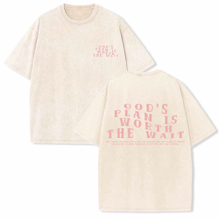 Christianartworkshop Gottes Plan ist das Warten wert – Vorderseite: Mini-Stapeltext; Rückseite: Bogen, große Schriftart; beidseitig gewaschenes T-Shirt - Beige - 5XL - image 12