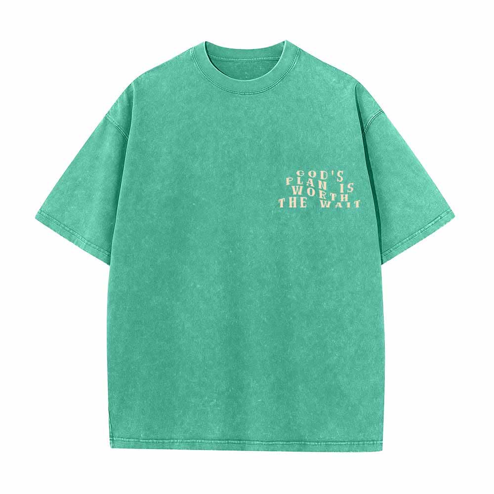 Christianartworkshop Gottes Plan ist das Warten wert – Vorderseite: Mini-Stapeltext; Rückseite: Bogen, große Schriftart; beidseitig gewaschenes T-Shirt - image 8