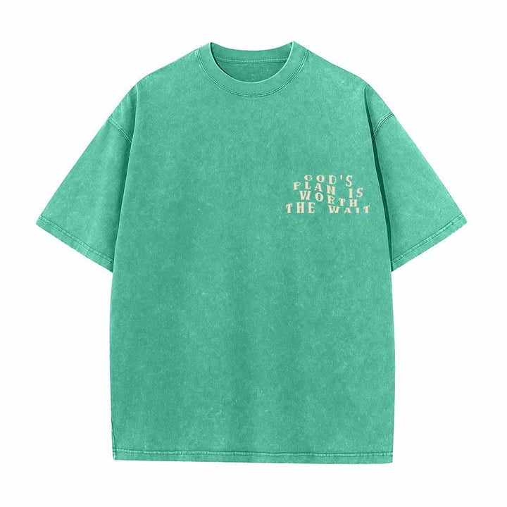 Christianartworkshop Gottes Plan ist das Warten wert – Vorderseite: Mini-Stapeltext; Rückseite: Bogen, große Schriftart; beidseitig gewaschenes T-Shirt - image 8