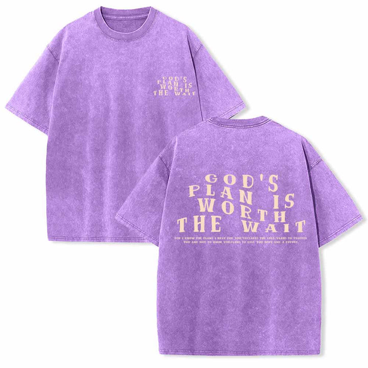 Christianartworkshop Gottes Plan ist das Warten wert – Vorderseite: Mini-Stapeltext; Rückseite: Bogen, große Schriftart; beidseitig gewaschenes T-Shirt - Lila - 5XL - image 15