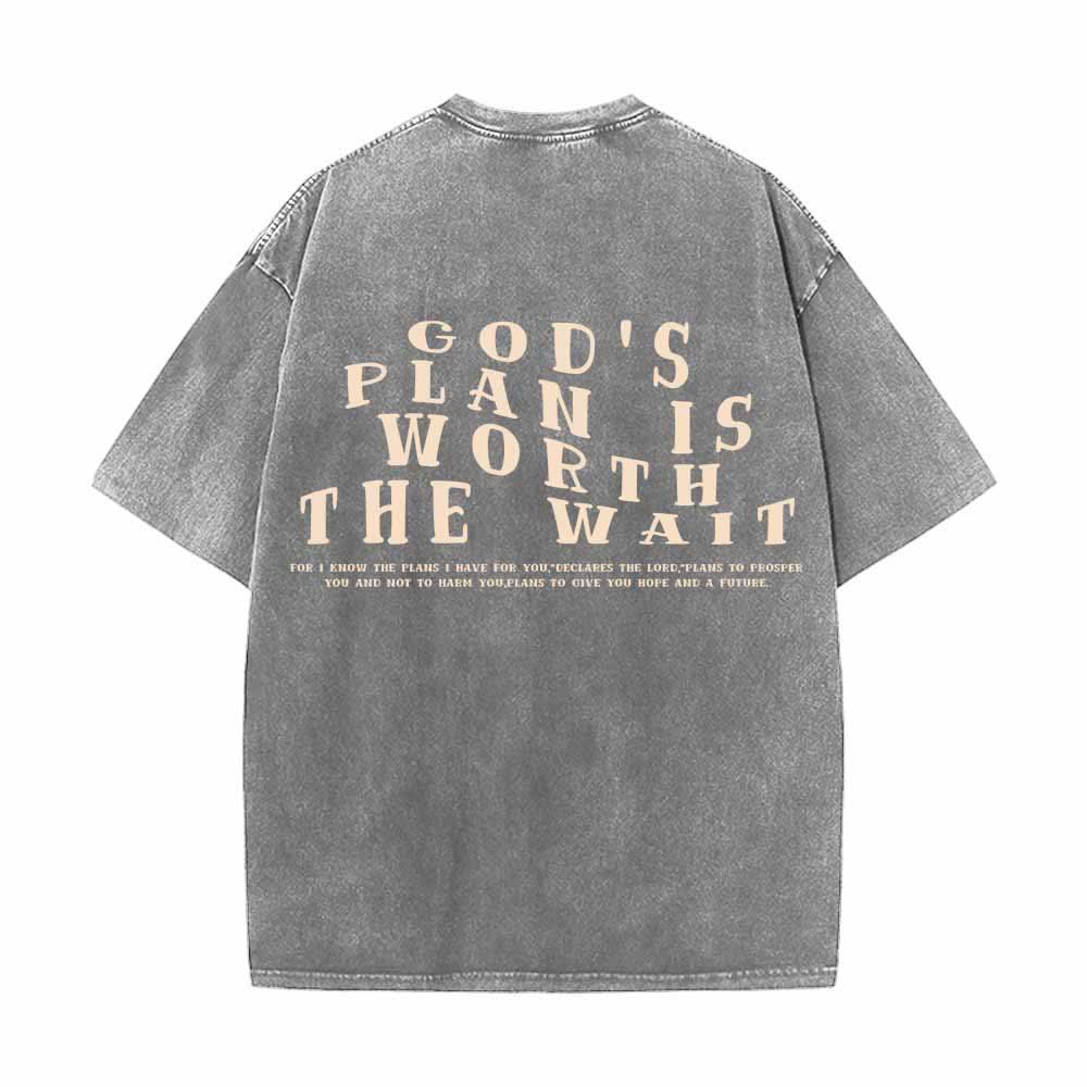 Christianartworkshop Gottes Plan ist das Warten wert – Vorderseite: Mini-Stapeltext; Rückseite: Bogen, große Schriftart; beidseitig gewaschenes T-Shirt - image 4