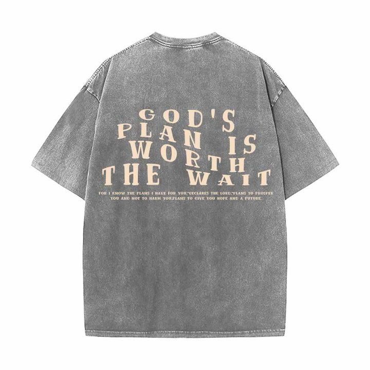 Christianartworkshop Gottes Plan ist das Warten wert – Vorderseite: Mini-Stapeltext; Rückseite: Bogen, große Schriftart; beidseitig gewaschenes T-Shirt - image 4